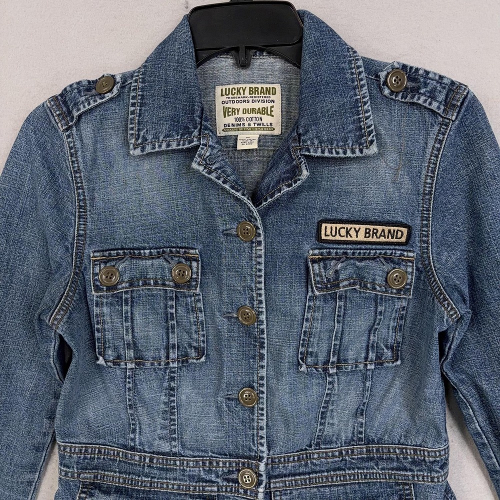 Vintage Lucky Brand Jacket Womens Medium Blue Denim Utility Cargo Pockets 90s - Picture 2 of 12